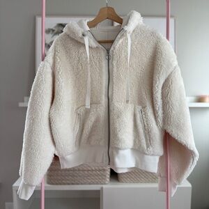 Athleta Reversible Sherpa Fleece Zip Hoodie Cream Cozy Jacket L